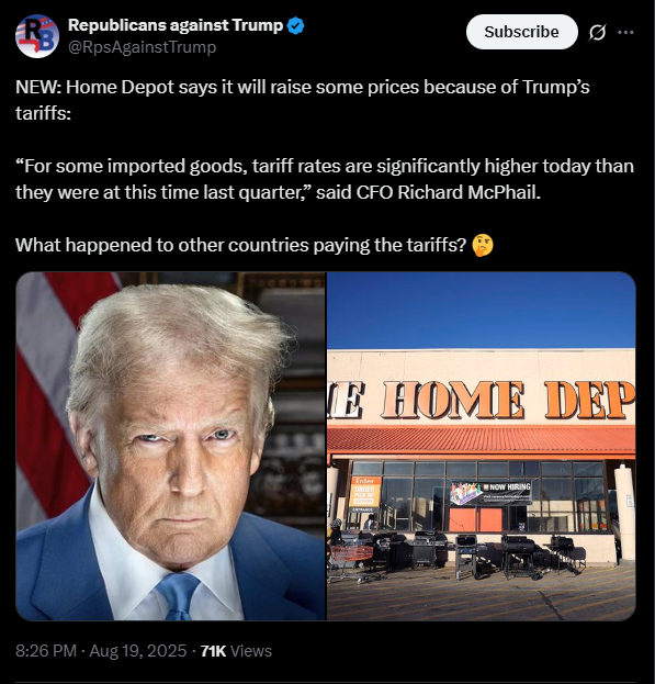 Home Depot reagiert auf die Trump-Zölle und plant eine Preiserhöhung | Quelle: X