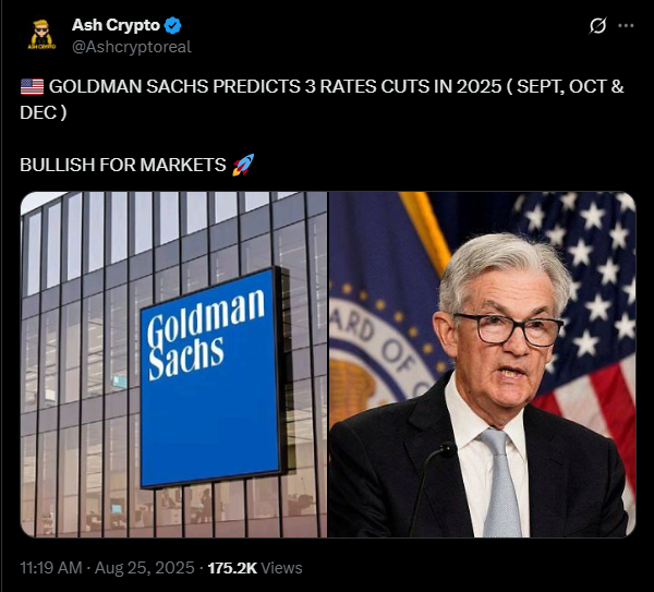 Goldman Sachs predicts rate cuts for Bitcoin before the end of the year | X