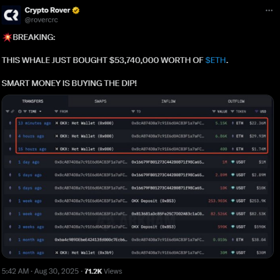 A single Ethereum whale just bought $53 million | Source: X